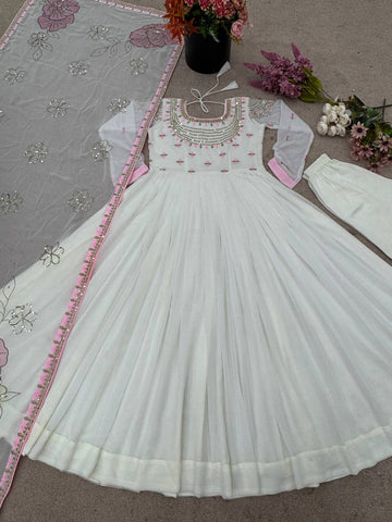 Reception Wear White Heavy Georgette With Full Heavy Embroidery Work Designer Gown