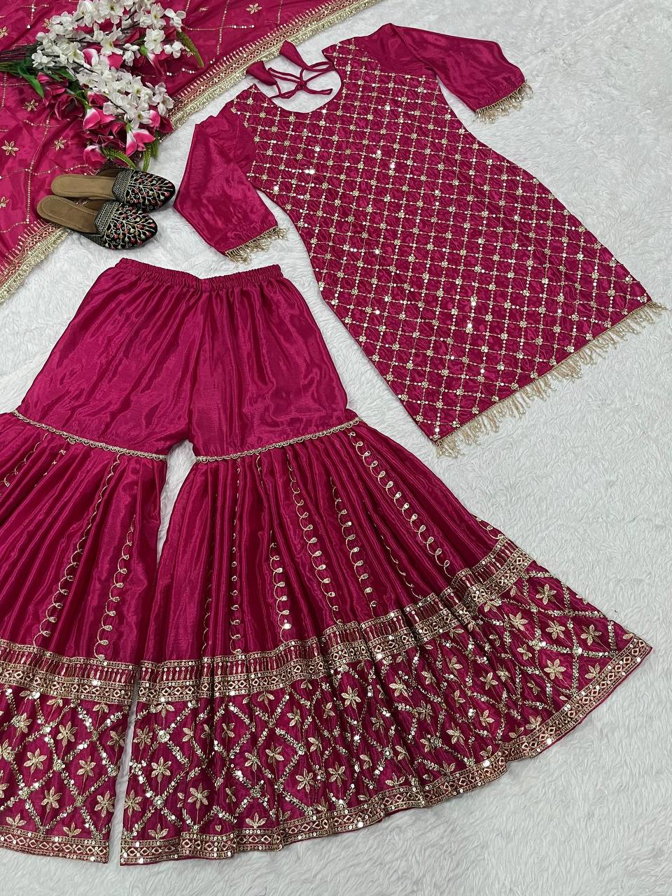 Designer Pink Color Sequins Embroidered Festive and Wedding Wear Sharara Suit