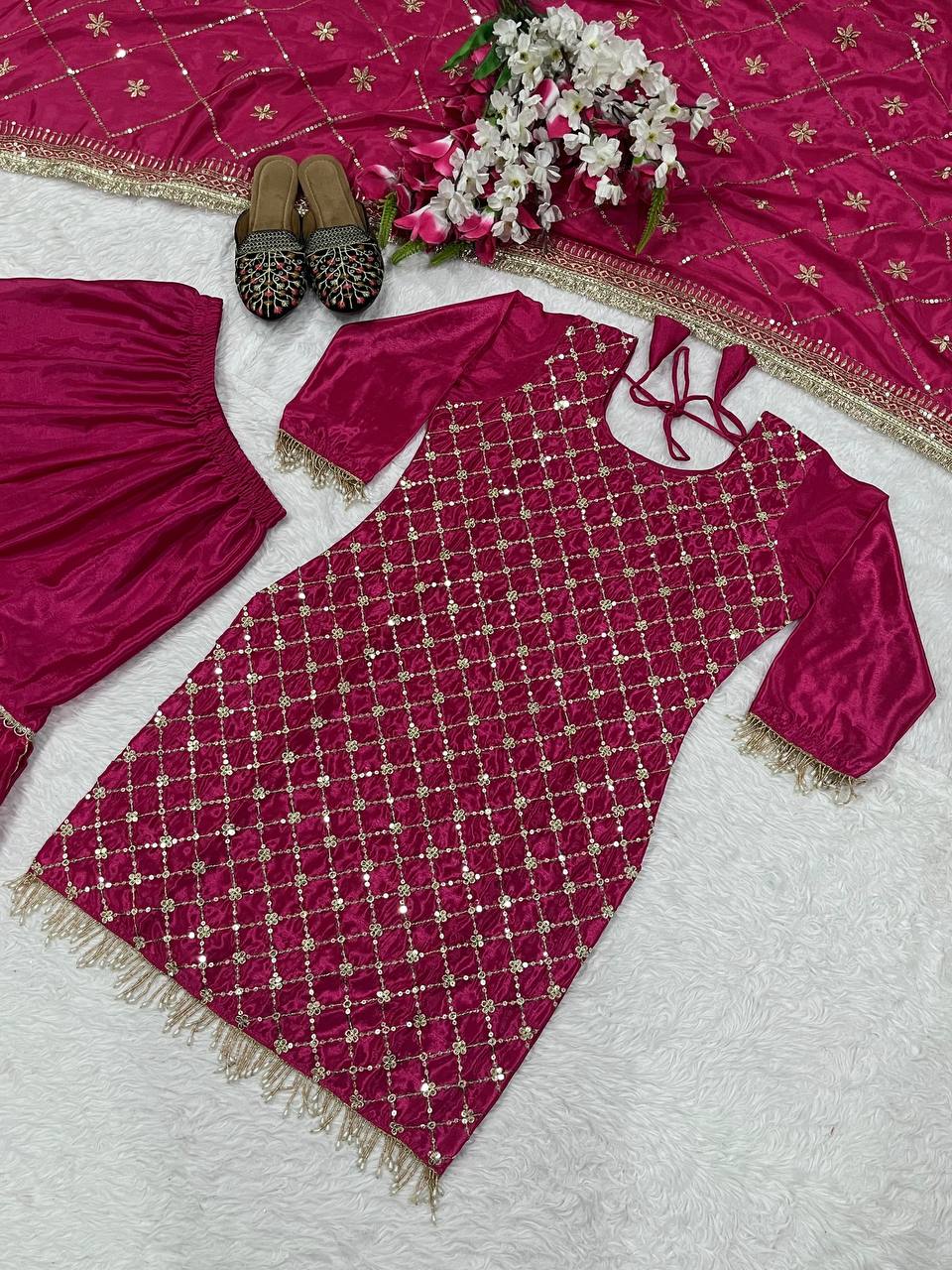 Designer Pink Color Sequins Embroidered Festive and Wedding Wear Sharara Suit