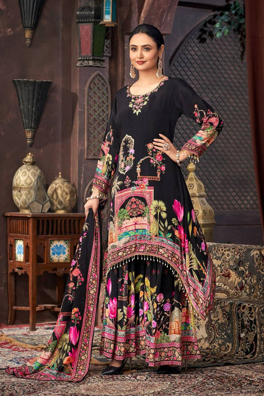 Wedding Wear Black Color Georgette Digital Printed With Real Mirror Work Palazzo Suit