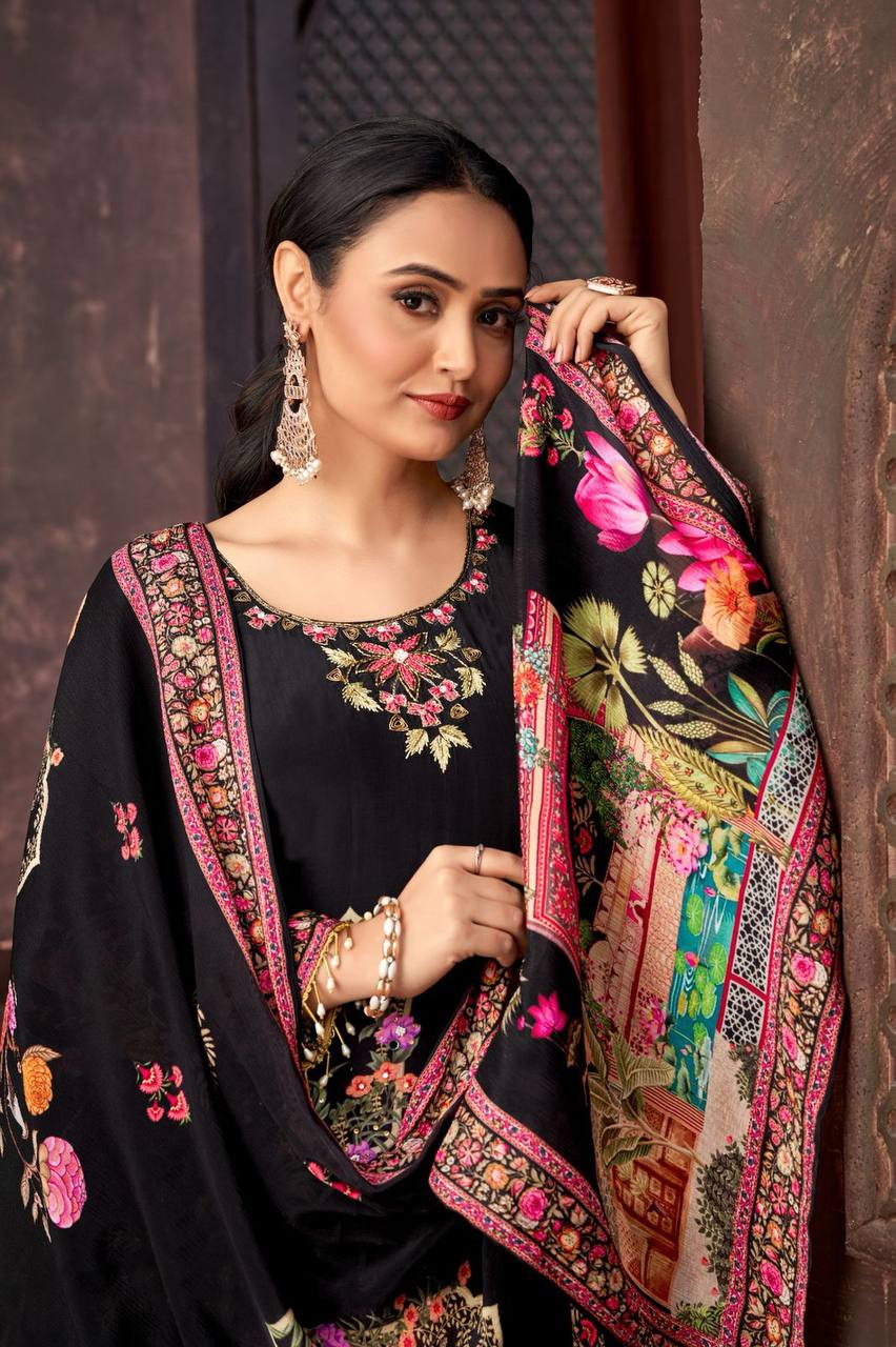 Wedding Wear Black Color Georgette Digital Printed With Real Mirror Work Palazzo Suit