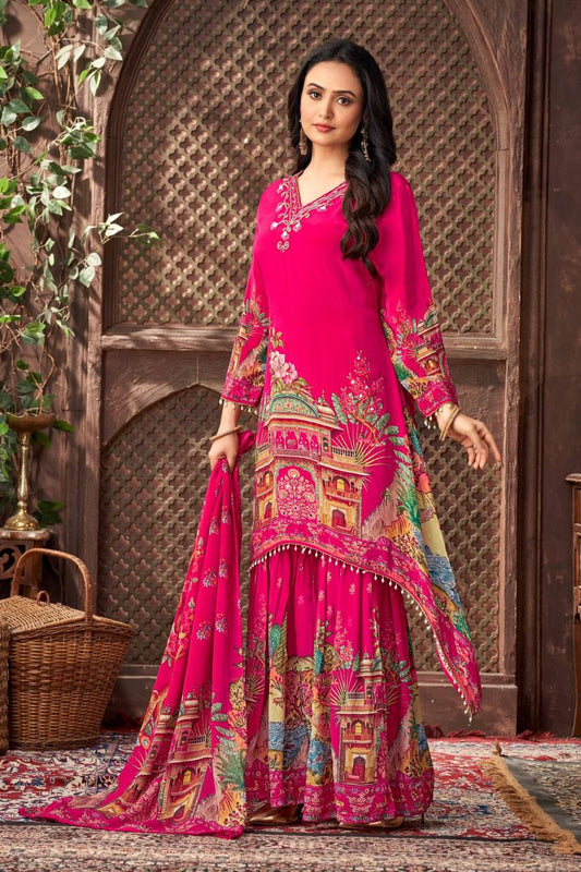 Party Wear Pink Color Digital Printed With Real Mirror Work Palazzo Suit