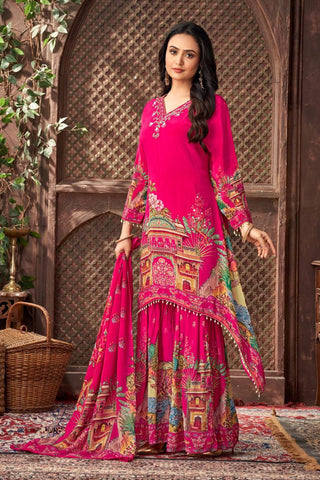 Party Wear Pink Color Digital Printed With Real Mirror Work Palazzo Suit