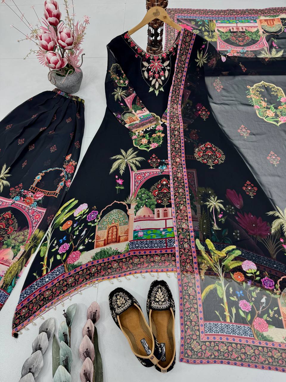 Wedding Wear Black Color Georgette Digital Printed With Real Mirror Work Palazzo Suit