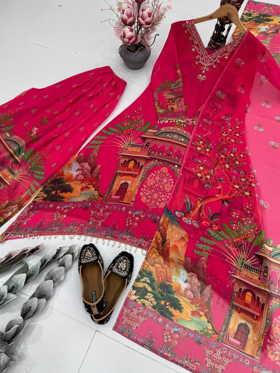 Party Wear Pink Color Digital Printed With Real Mirror Work Palazzo Suit