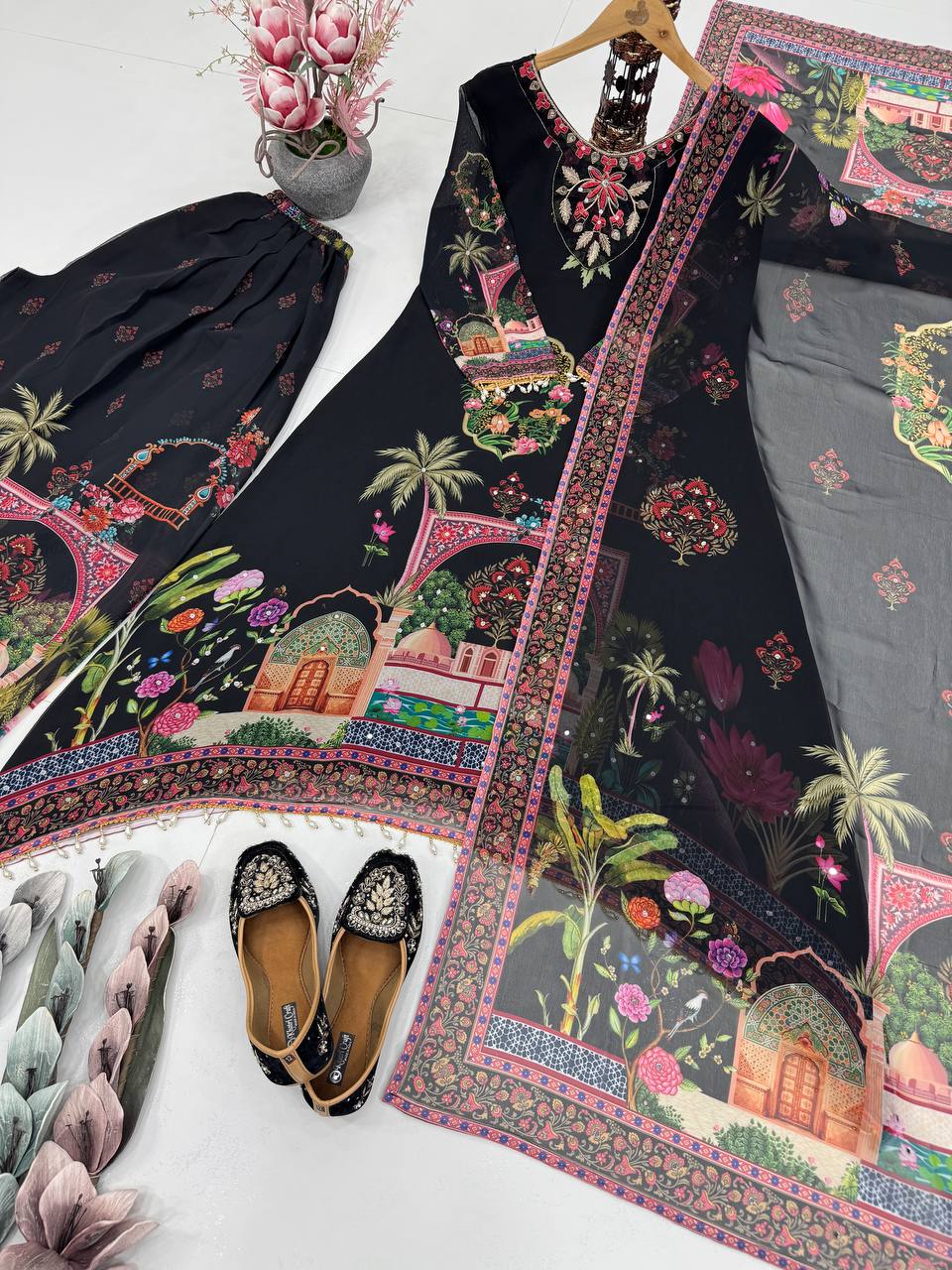 Wedding Wear Black Color Georgette Digital Printed With Real Mirror Work Palazzo Suit