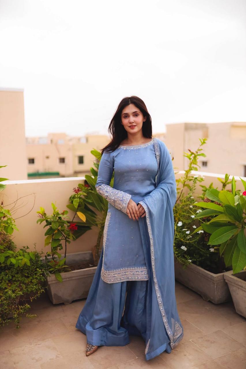 Wedding Wear Sky Blue Color Heavy Faux Georgette With 5mm Embroidery Sequin Work Palazzo Suit