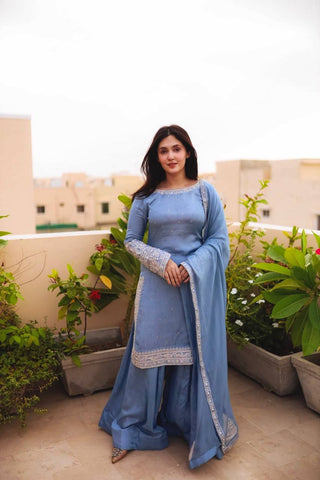 Wedding Wear Sky Blue Color Heavy Faux Georgette With 5mm Embroidery Sequin Work Palazzo Suit