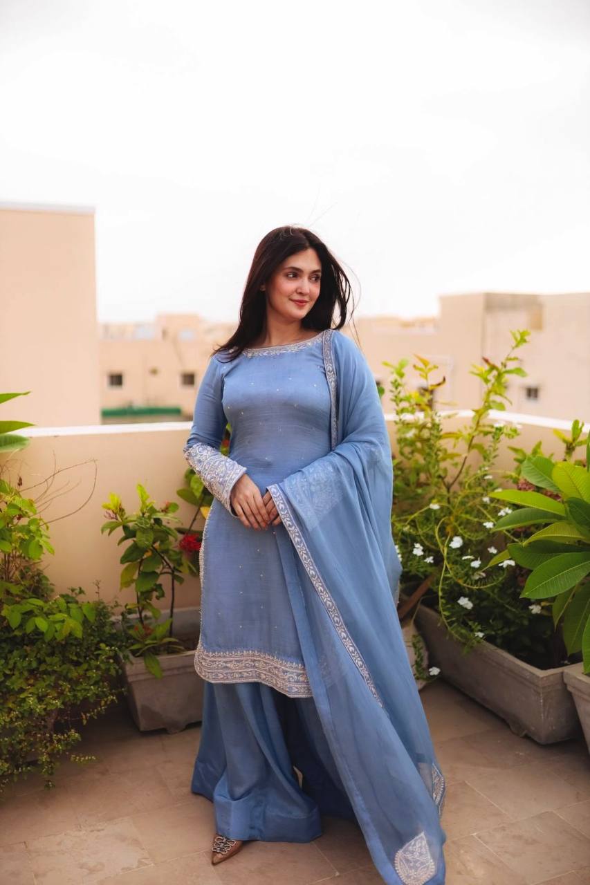 Wedding Wear Sky Blue Color Heavy Faux Georgette With 5mm Embroidery Sequin Work Palazzo Suit