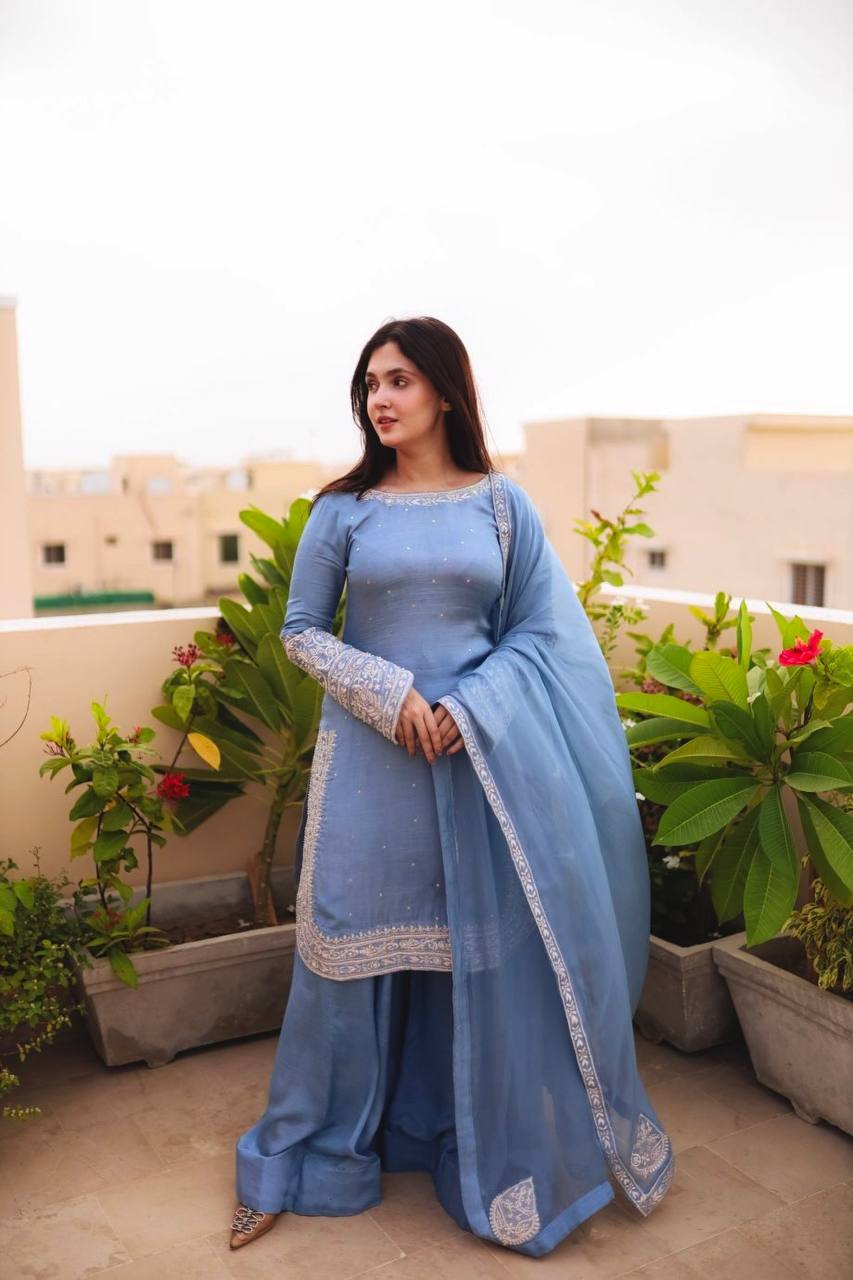 Wedding Wear Sky Blue Color Heavy Faux Georgette With 5mm Embroidery Sequin Work Palazzo Suit