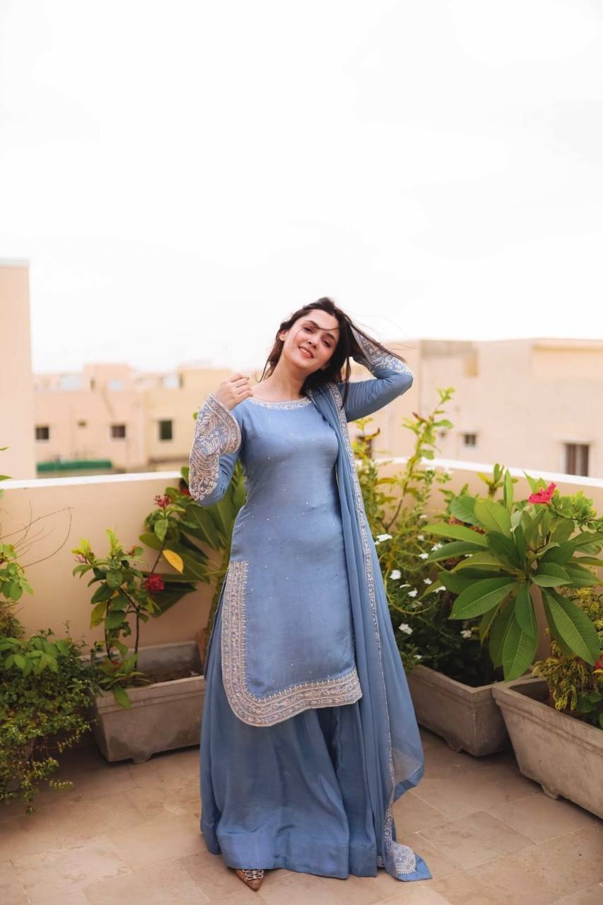 Wedding Wear Sky Blue Color Heavy Faux Georgette With 5mm Embroidery Sequin Work Palazzo Suit