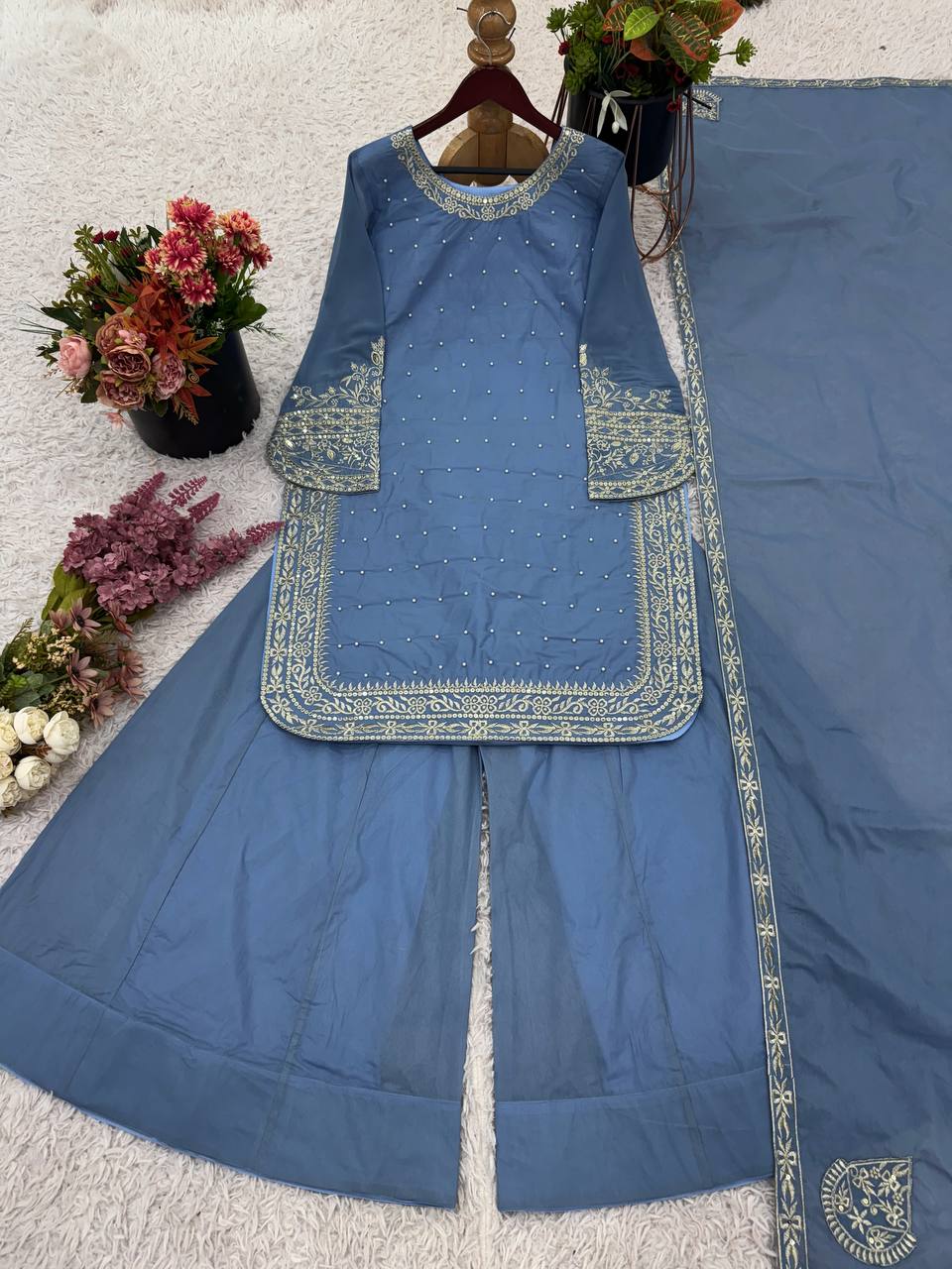 Wedding Wear Sky Blue Color Heavy Faux Georgette With 5mm Embroidery Sequin Work Palazzo Suit