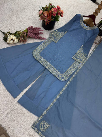 Wedding Wear Sky Blue Color Heavy Faux Georgette With 5mm Embroidery Sequin Work Palazzo Suit