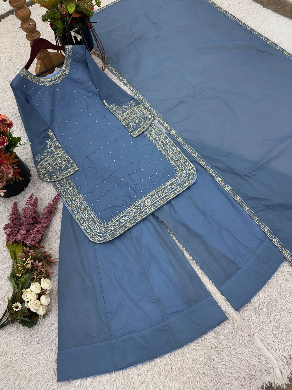 Wedding Wear Sky Blue Color Heavy Faux Georgette With 5mm Embroidery Sequin Work Palazzo Suit
