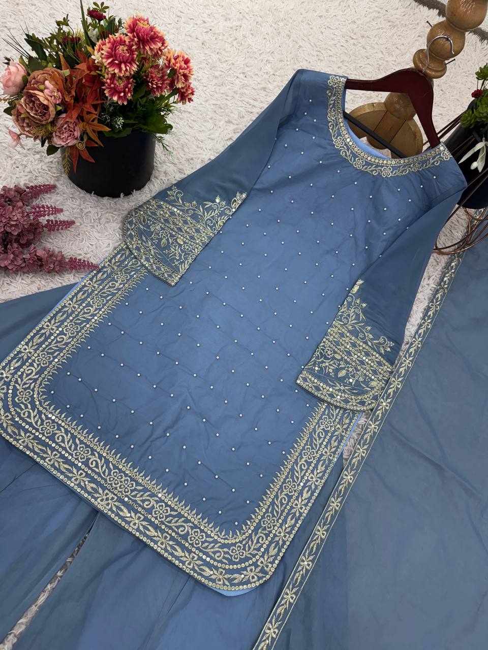 Wedding Wear Sky Blue Color Heavy Faux Georgette With 5mm Embroidery Sequin Work Palazzo Suit