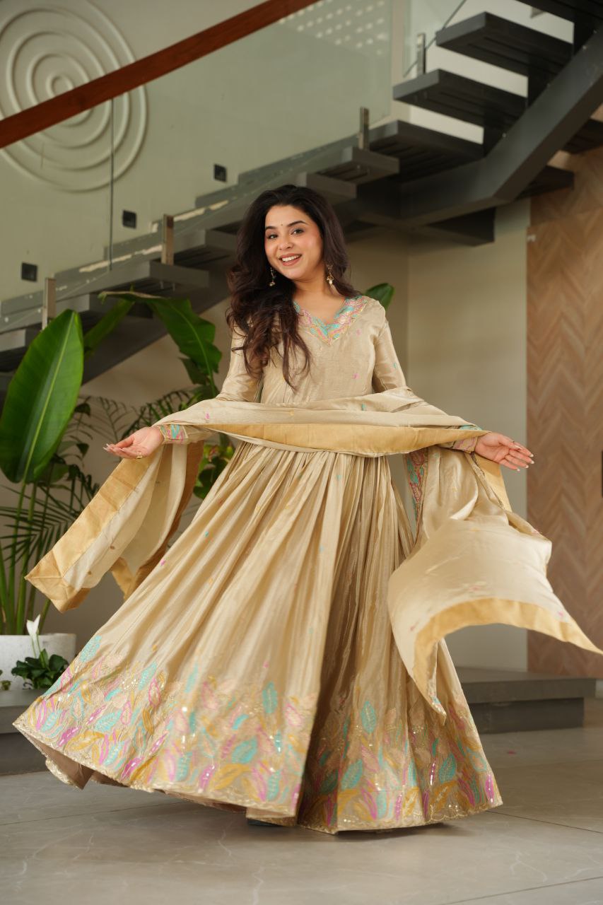 Beautiful Off White Color Embroidered Work Wedding Wear Chinnon Gown Set with Dupatta