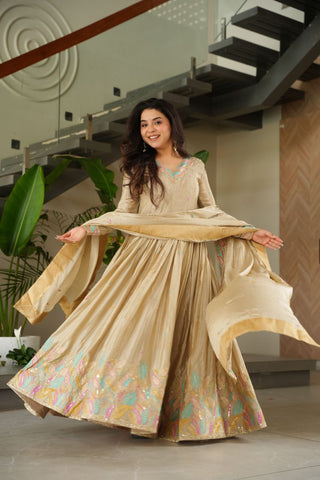 Beautiful Off White Color Embroidered Work Wedding Wear Chinnon Gown Set with Dupatta