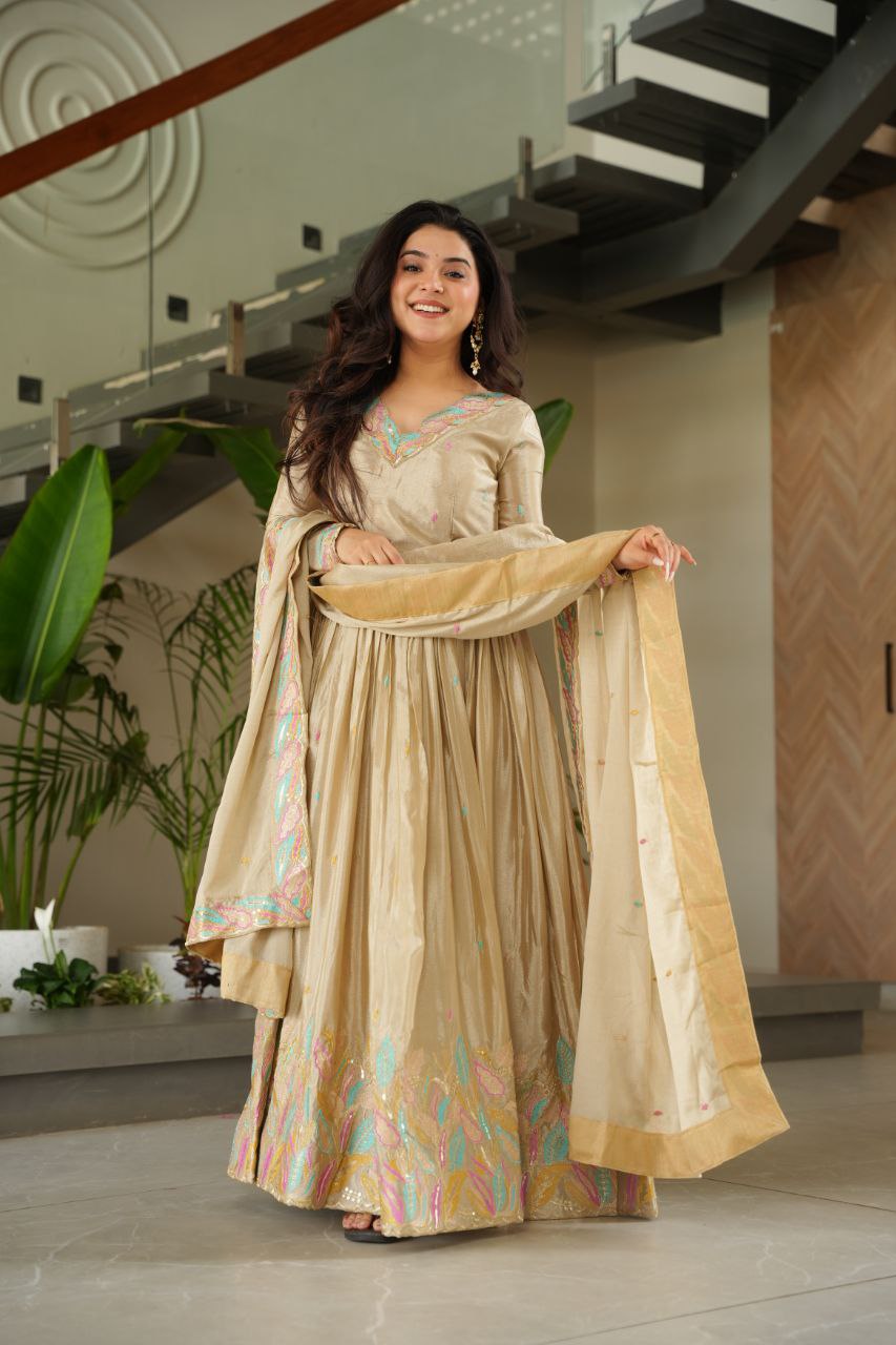 Beautiful Off White Color Embroidered Work Wedding Wear Chinnon Gown Set with Dupatta