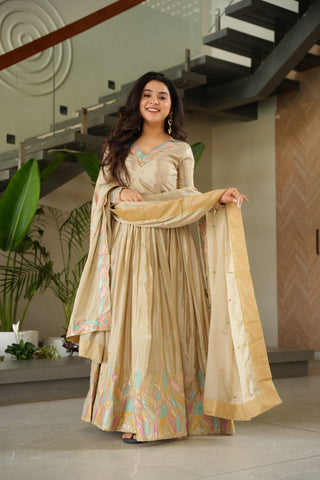 Beautiful Off White Color Embroidered Work Wedding Wear Chinnon Gown Set with Dupatta