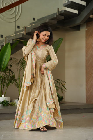 Beautiful Off White Color Embroidered Work Wedding Wear Chinnon Gown Set with Dupatta