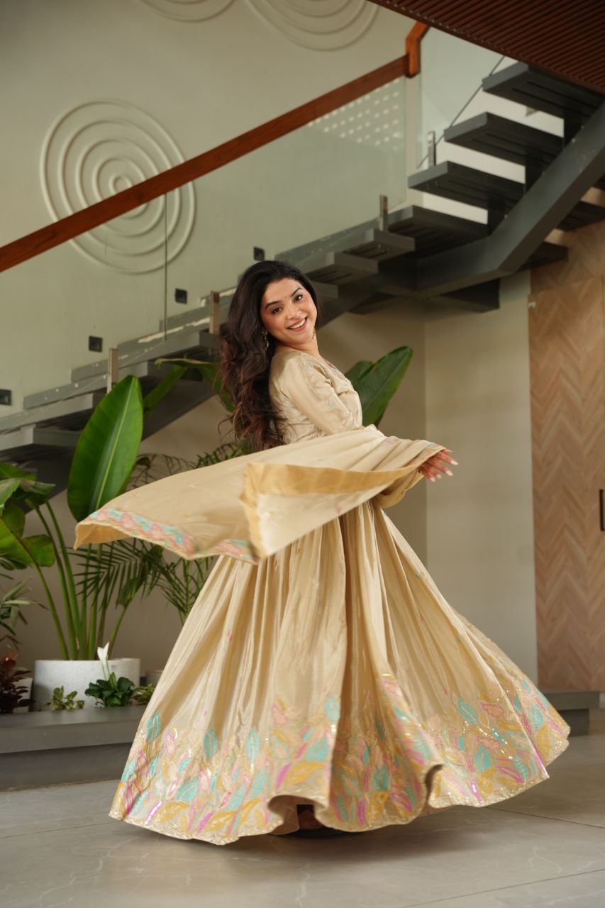 Beautiful Off White Color Embroidered Work Wedding Wear Chinnon Gown Set with Dupatta