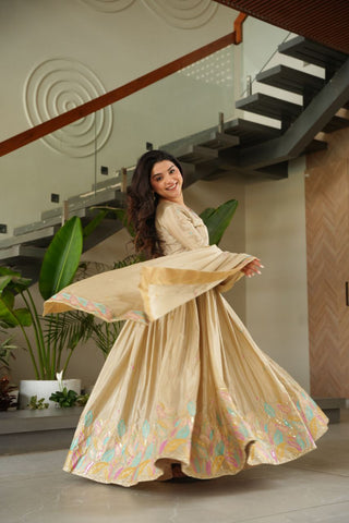 Beautiful Off White Color Embroidered Work Wedding Wear Chinnon Gown Set with Dupatta