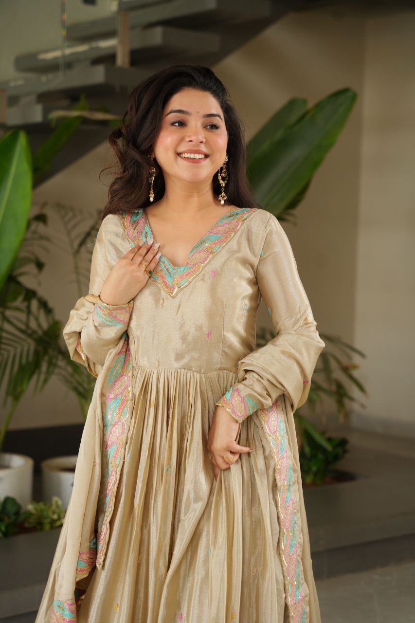 Beautiful Off White Color Embroidered Work Wedding Wear Chinnon Gown Set with Dupatta