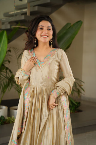 Beautiful Off White Color Embroidered Work Wedding Wear Chinnon Gown Set with Dupatta
