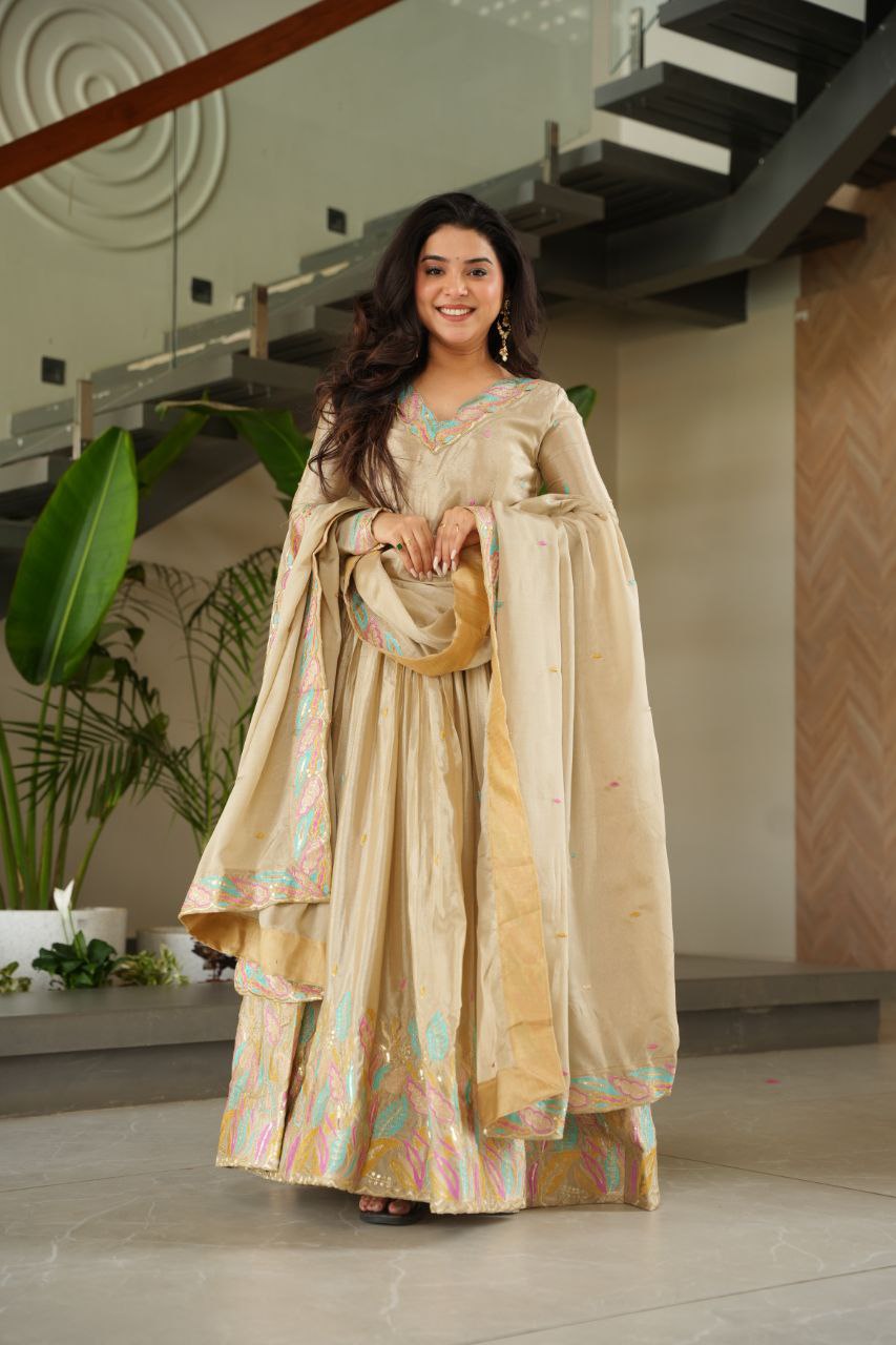Beautiful Off White Color Embroidered Work Wedding Wear Chinnon Gown Set with Dupatta