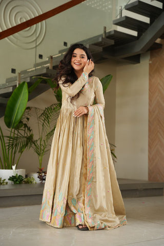 Beautiful Off White Color Embroidered Work Wedding Wear Chinnon Gown Set with Dupatta