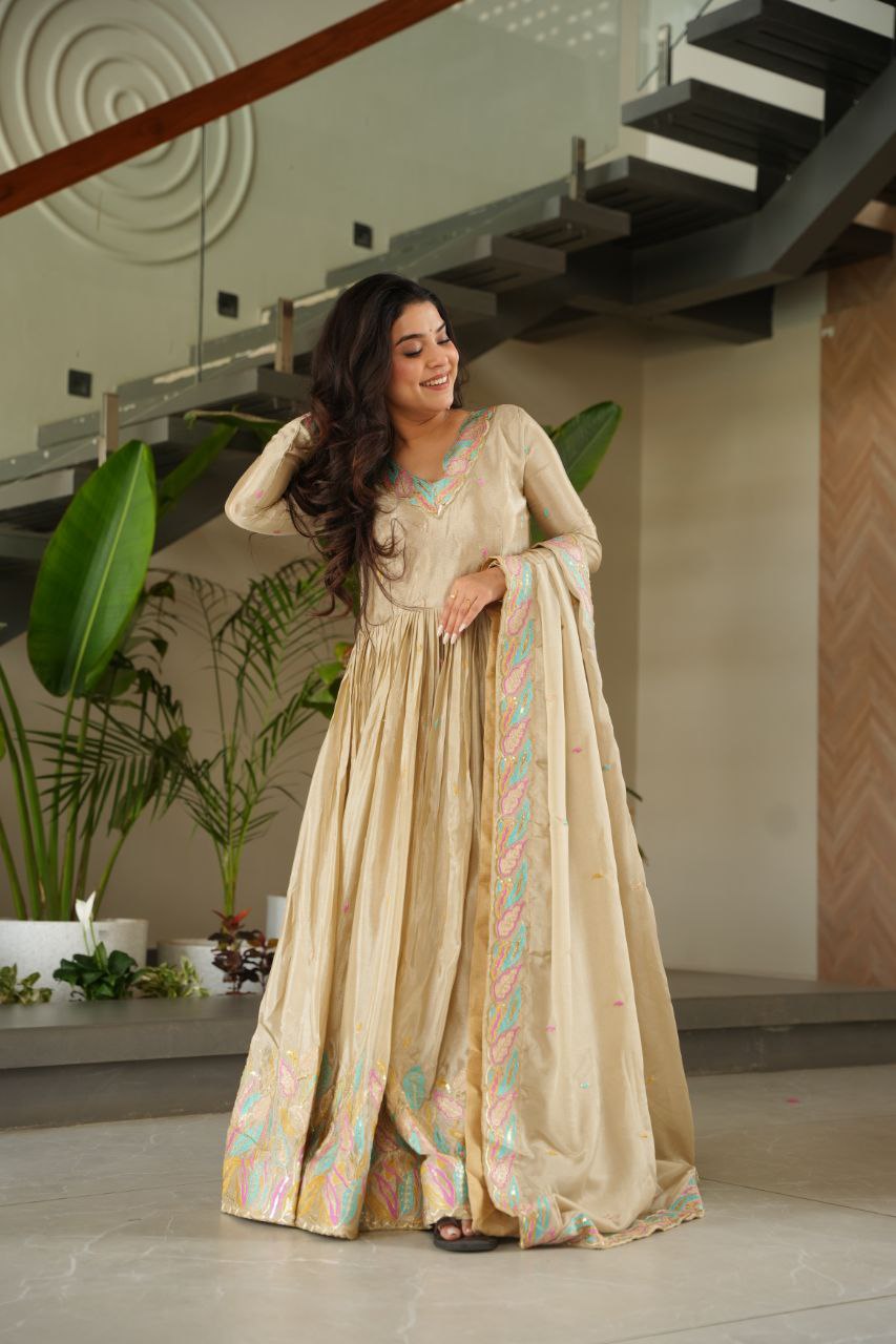 Beautiful Off White Color Embroidered Work Wedding Wear Chinnon Gown Set with Dupatta