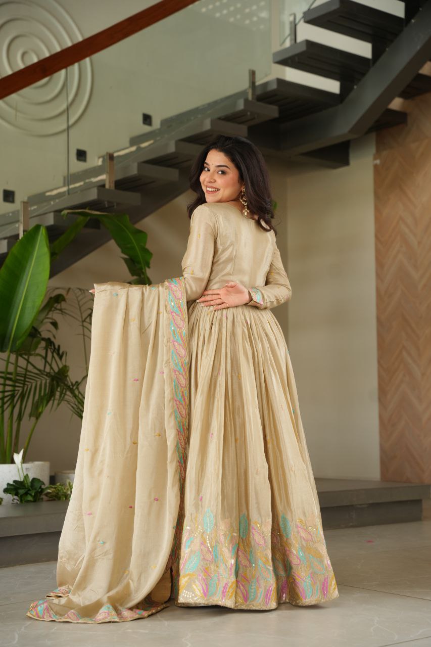 Beautiful Off White Color Embroidered Work Wedding Wear Chinnon Gown Set with Dupatta