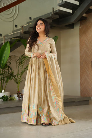 Beautiful Off White Color Embroidered Work Wedding Wear Chinnon Gown Set with Dupatta