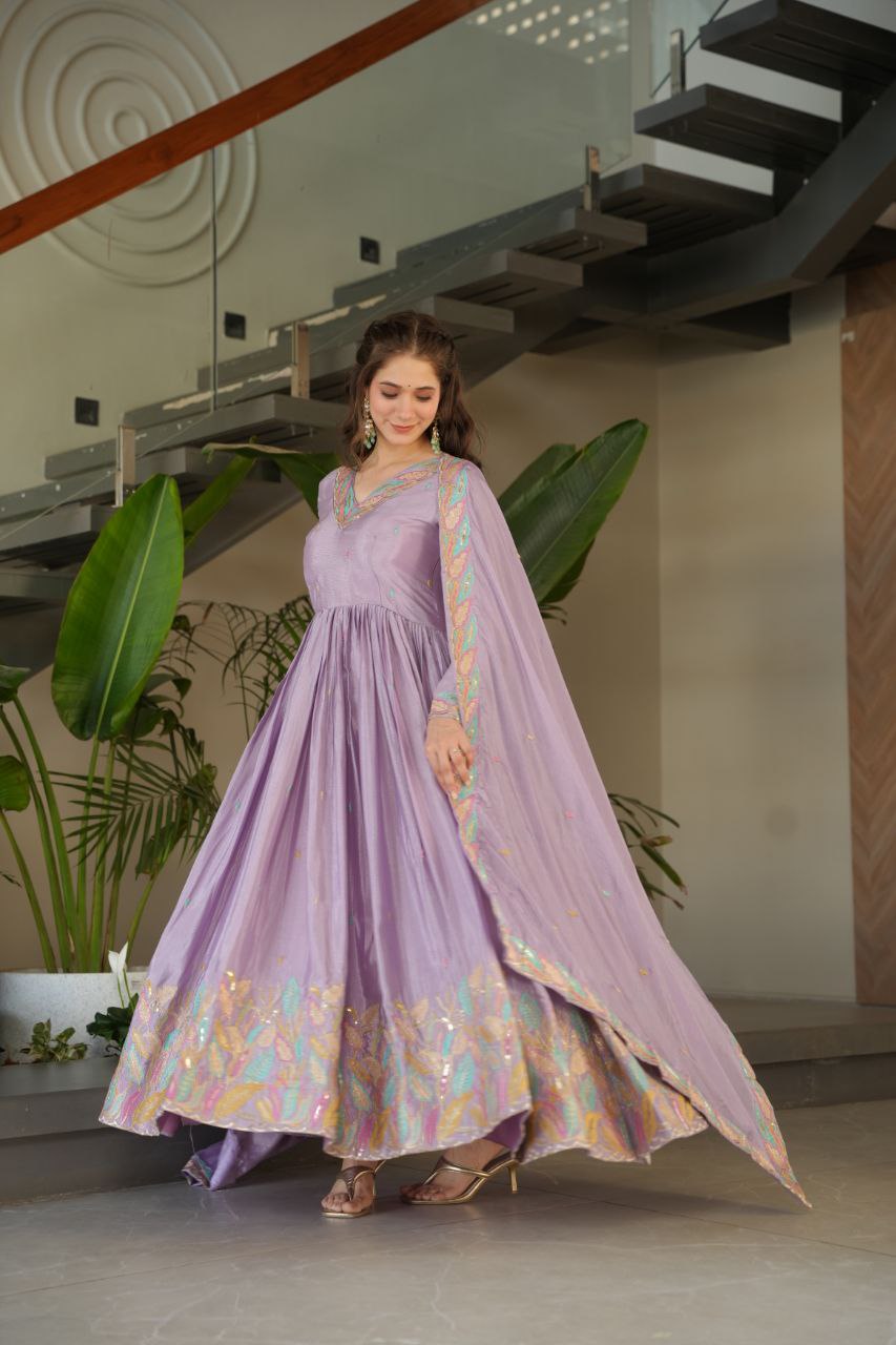 Beautiful Lavender Color Embroidered Work Wedding Wear Chinnon Gown Set with Dupatta
