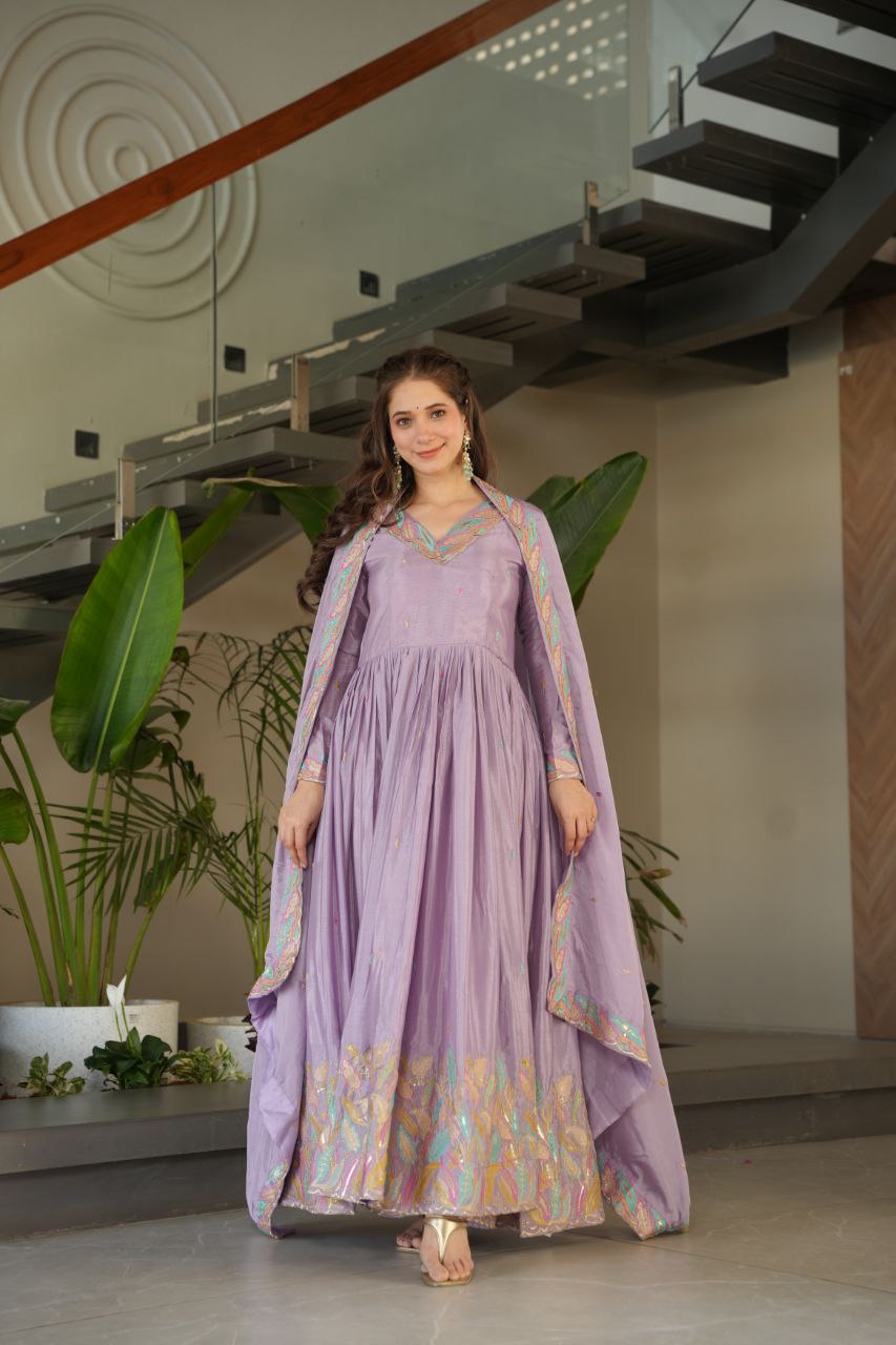 Beautiful Lavender Color Embroidered Work Wedding Wear Chinnon Gown Set with Dupatta