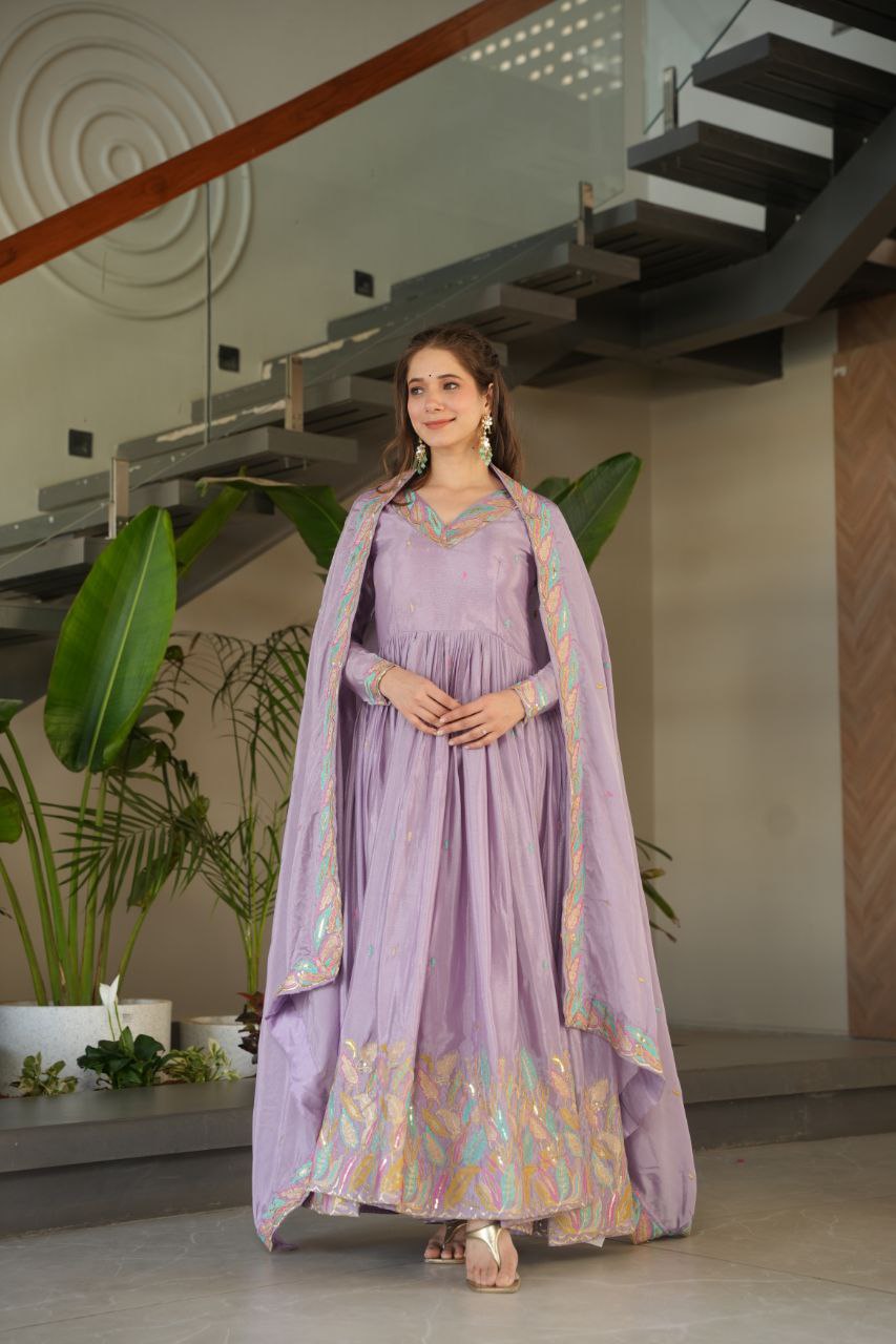 Beautiful Lavender Color Embroidered Work Wedding Wear Chinnon Gown Set with Dupatta