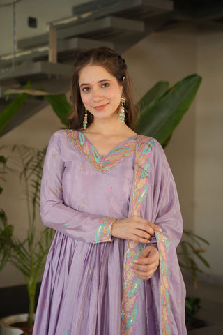 Beautiful Lavender Color Embroidered Work Wedding Wear Chinnon Gown Set with Dupatta