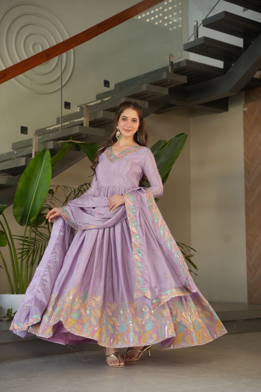 Beautiful Lavender Color Embroidered Work Wedding Wear Chinnon Gown Set with Dupatta
