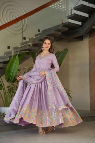 Beautiful Lavender Color Embroidered Work Wedding Wear Chinnon Gown Set with Dupatta
