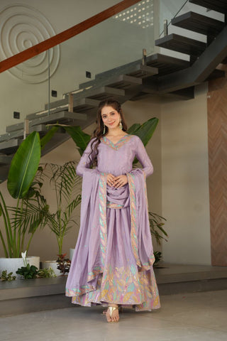 Beautiful Lavender Color Embroidered Work Wedding Wear Chinnon Gown Set with Dupatta