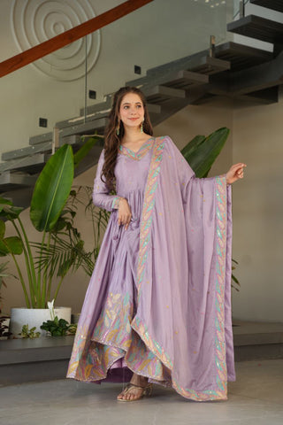 Beautiful Lavender Color Embroidered Work Wedding Wear Chinnon Gown Set with Dupatta