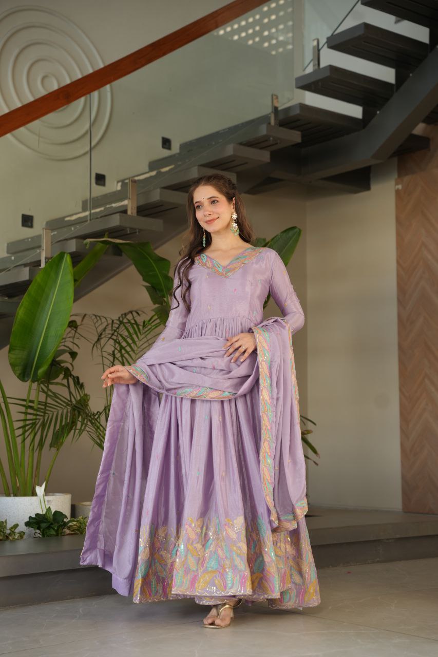 Beautiful Lavender Color Embroidered Work Wedding Wear Chinnon Gown Set with Dupatta