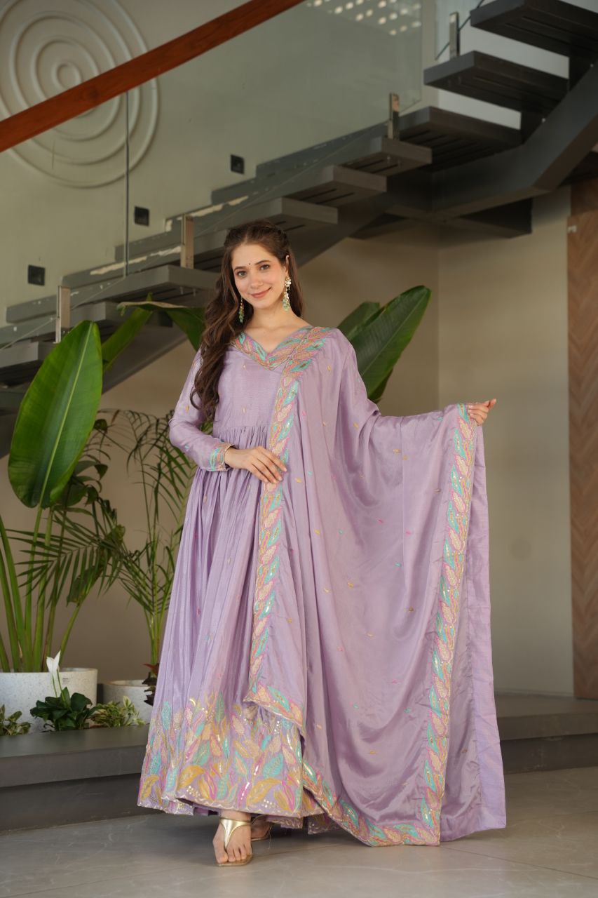 Beautiful Lavender Color Embroidered Work Wedding Wear Chinnon Gown Set with Dupatta