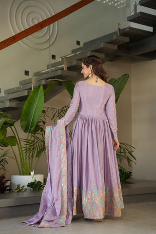 Beautiful Lavender Color Embroidered Work Wedding Wear Chinnon Gown Set with Dupatta