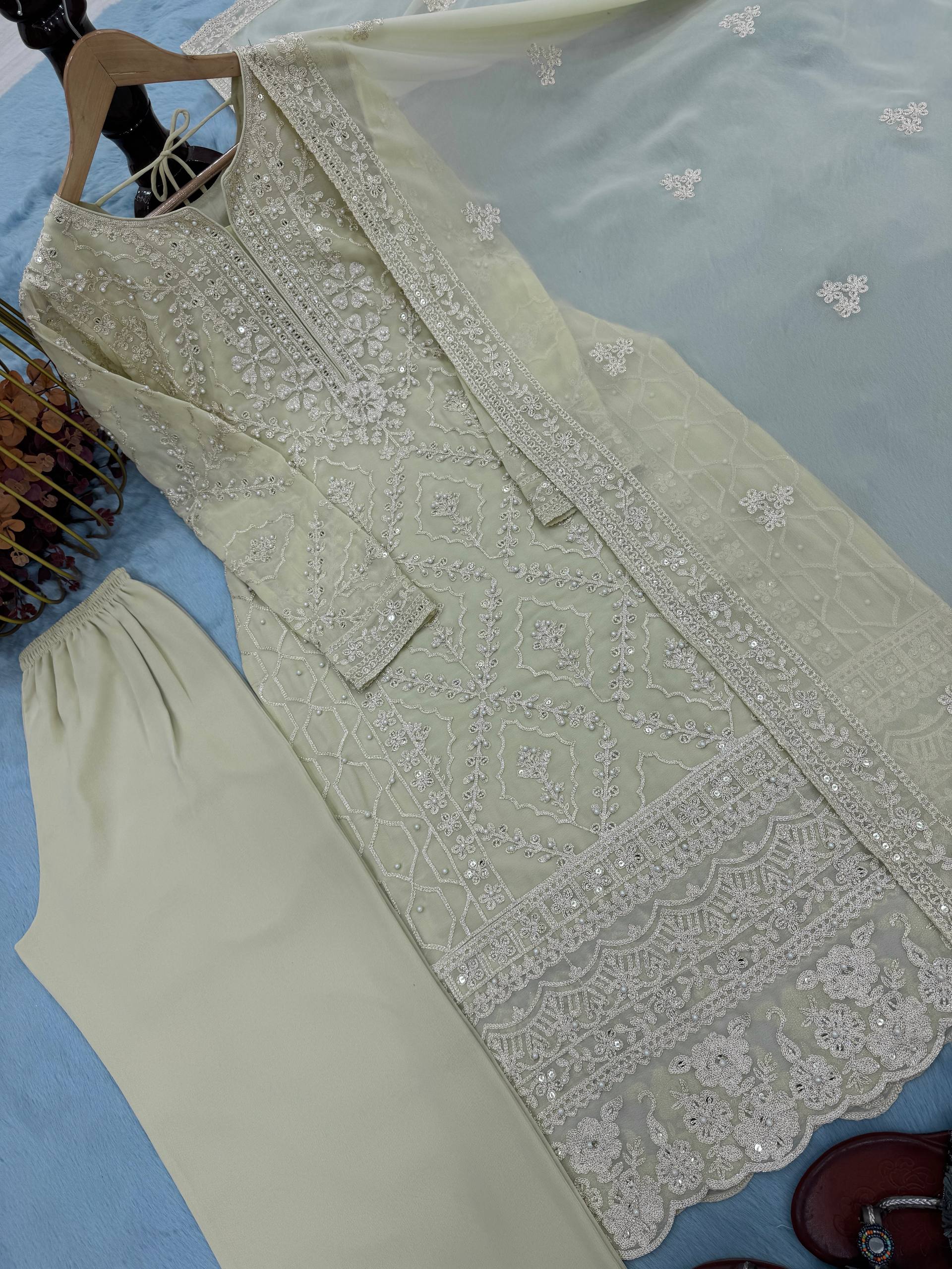 Festive Wear Off White Color Embroidery Sequin Work Salwar Suit