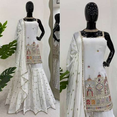 Party Wear White Color Thread And Sequin With Embroidery Work Sharara Suit