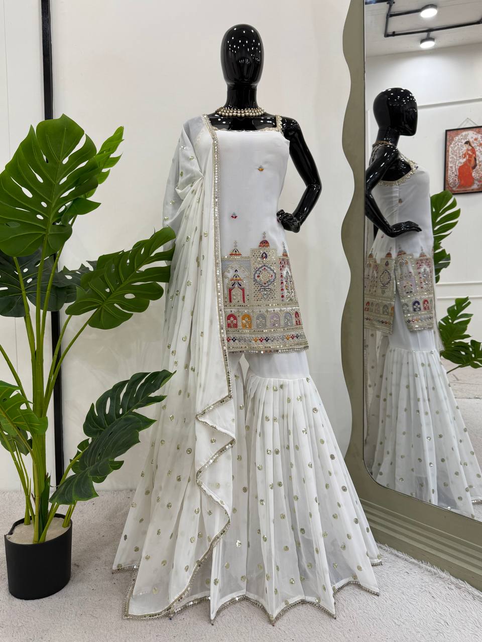 Party Wear White Color Thread And Sequin With Embroidery Work Sharara Suit