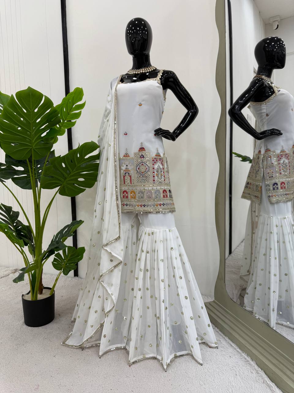 Party Wear White Color Thread And Sequin With Embroidery Work Sharara Suit