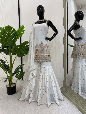 Party Wear White Color Thread And Sequin With Embroidery Work Sharara Suit