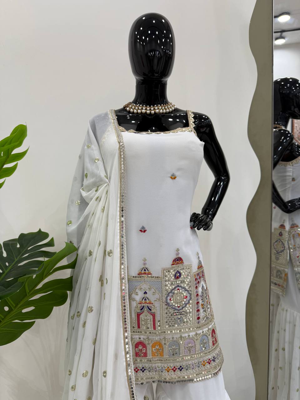 Party Wear White Color Thread And Sequin With Embroidery Work Sharara Suit